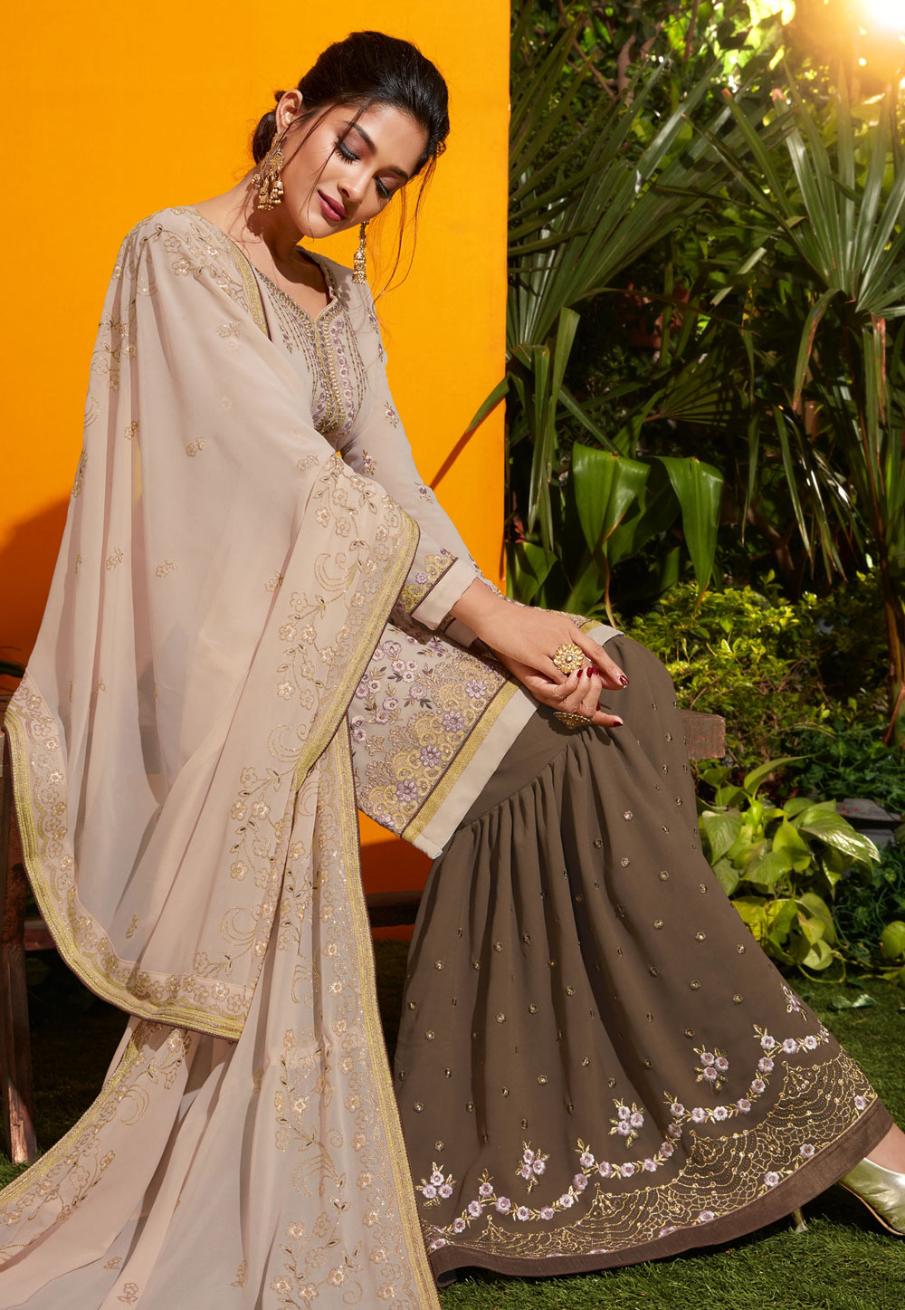 Beige Georgette Embroidered Sharara Suit 167876