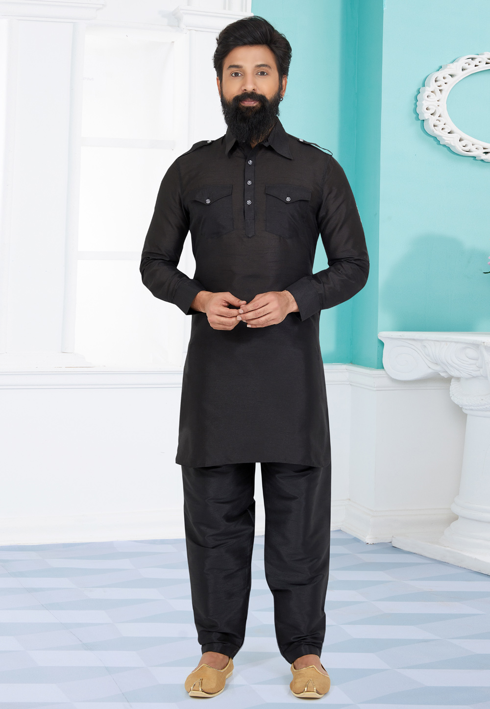 Black Banarasi Silk Readymade Pathani Suit 259562