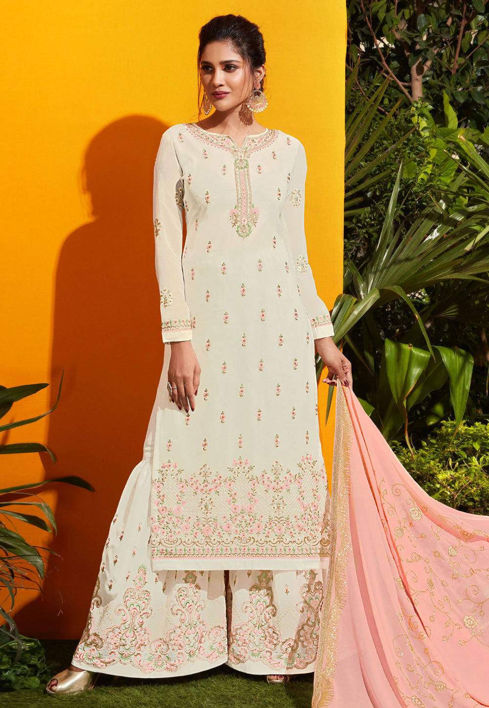 Off White Georgette Embroidered Sharara Suit 167878