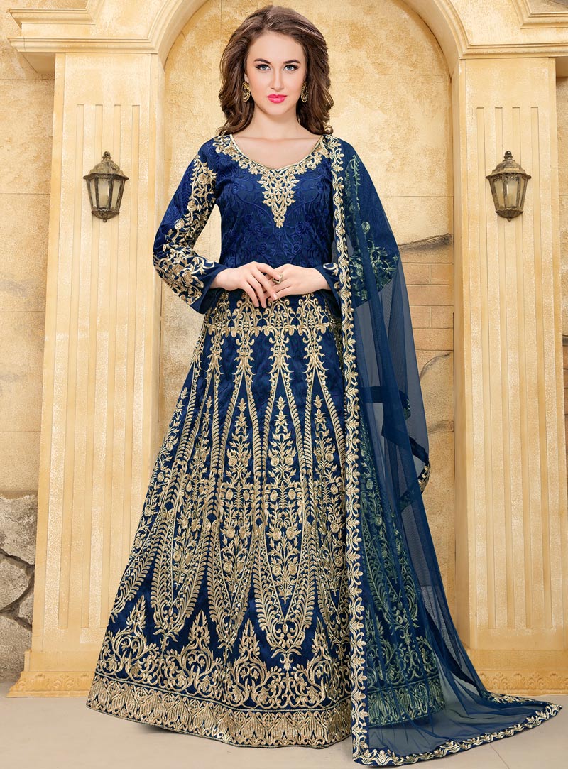 Navy Blue Taffeta Silk Floor Length Anarkali Suit 97818