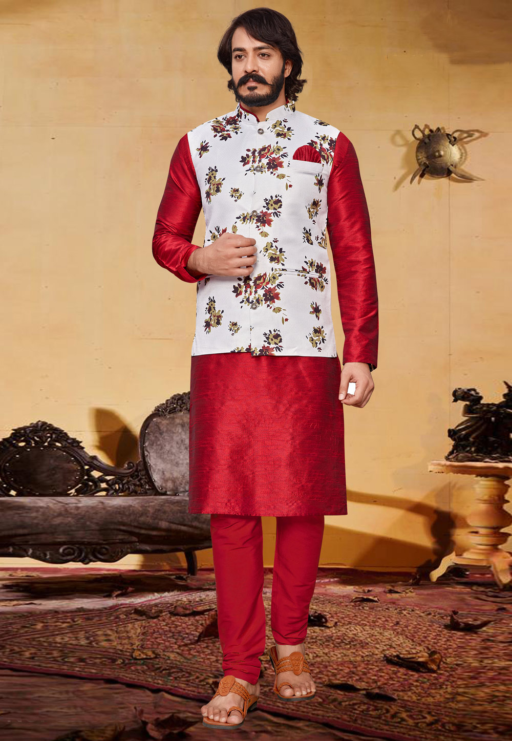 Buy Traditional Wear Red Printed Art Silk Modi Jacket Kurta Pajama Online  From Surat Wholesale Shop.