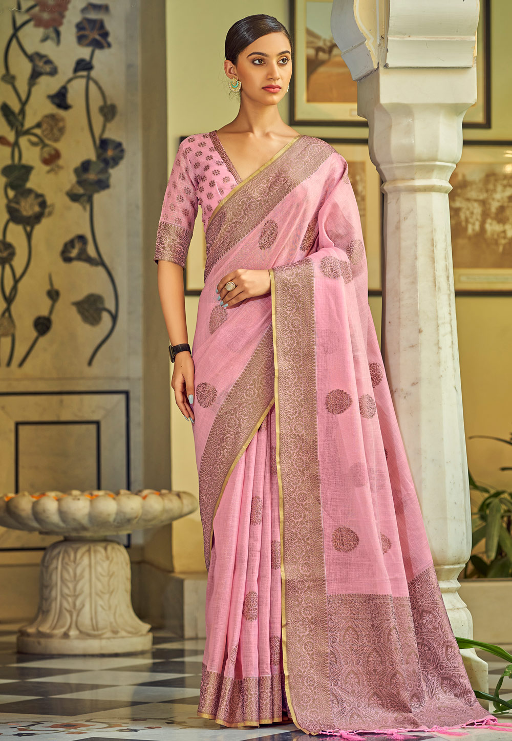 Pink Tissue Silk Saree With Blouse 246228