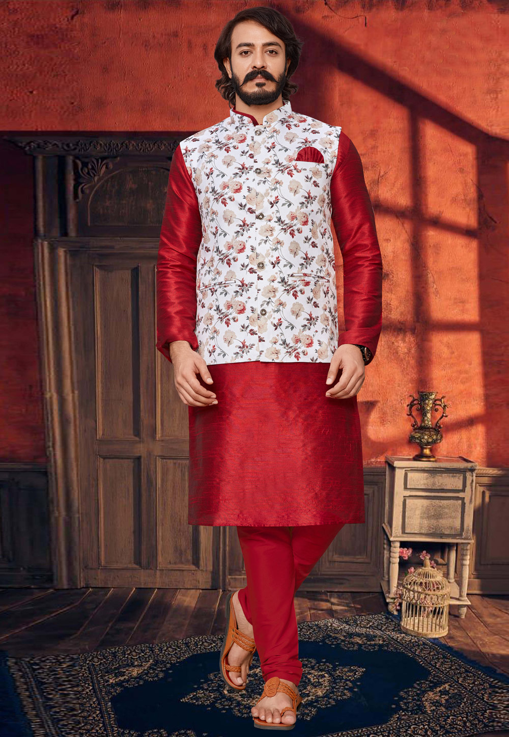Woven Art Silk Kurta Jacket Set in Red and Red : MAT435