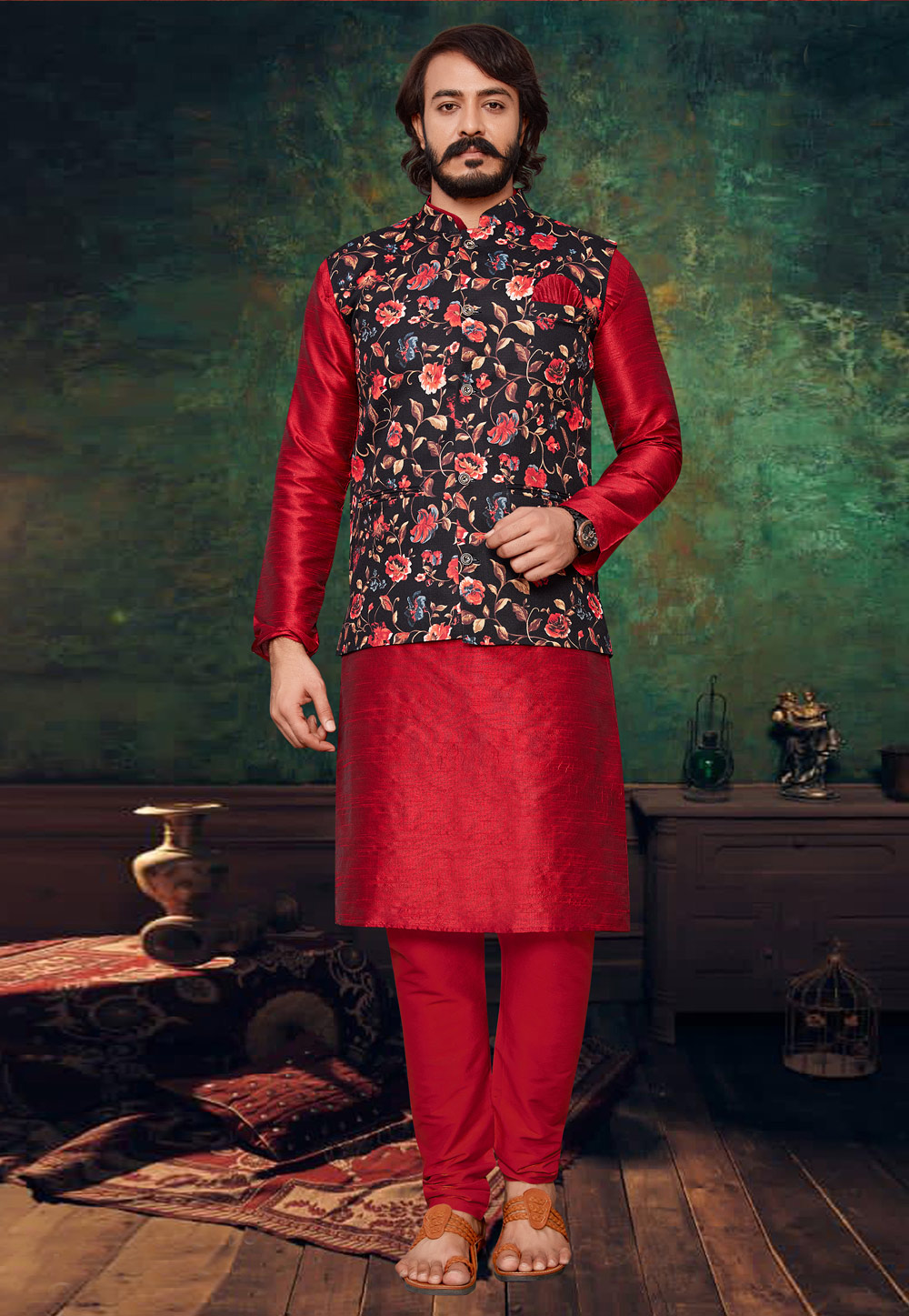 Red Art Silk Kurta Pajama With Jacket 232713