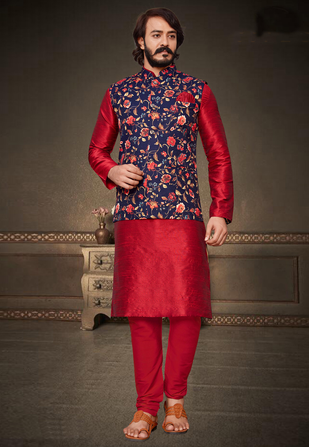 Red Art Silk Kurta Pajama With Jacket 232714