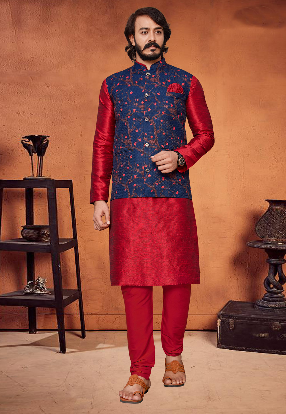 Red Art Silk Kurta Pajama With Jacket 232715