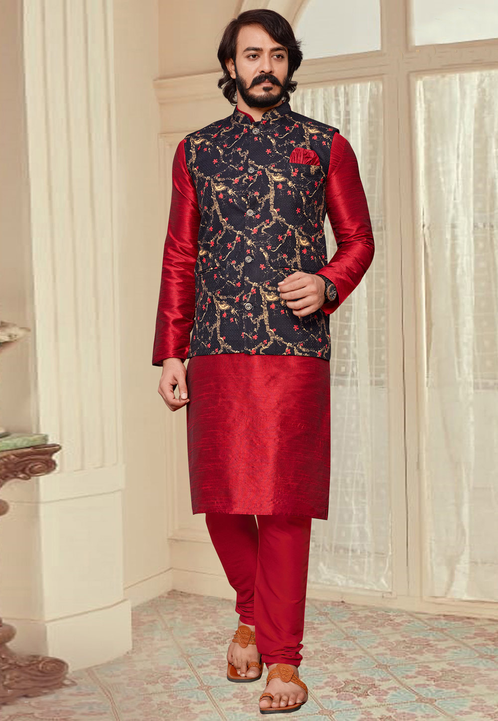 Red Art Silk Kurta Pajama With Jacket 232716