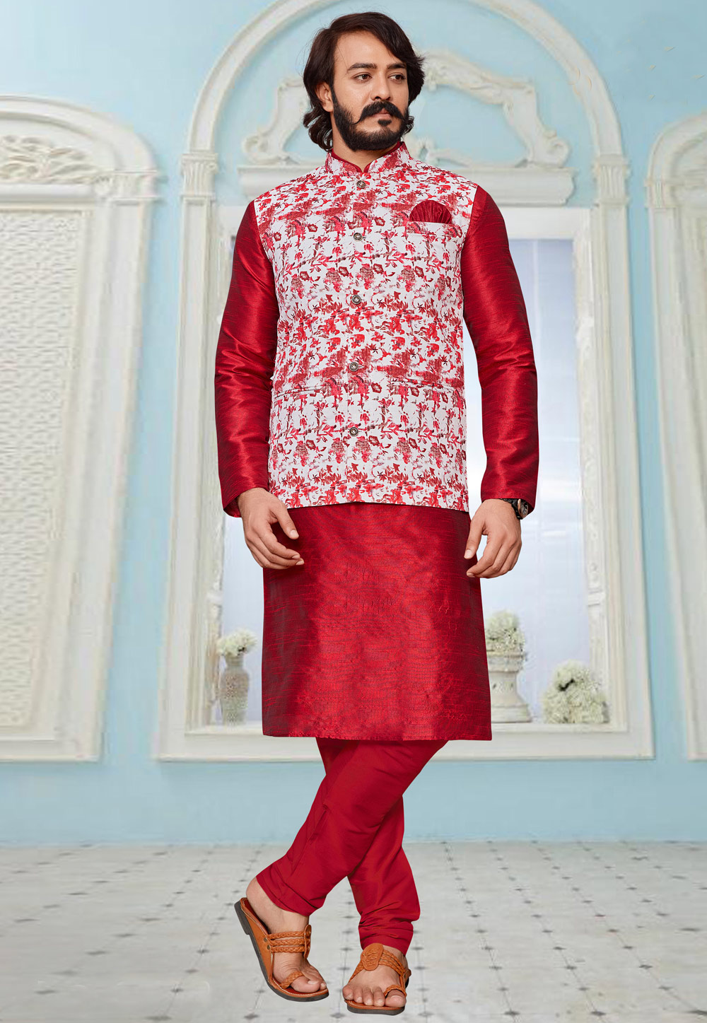 Red Art Silk Kurta Pajama With Jacket 232717