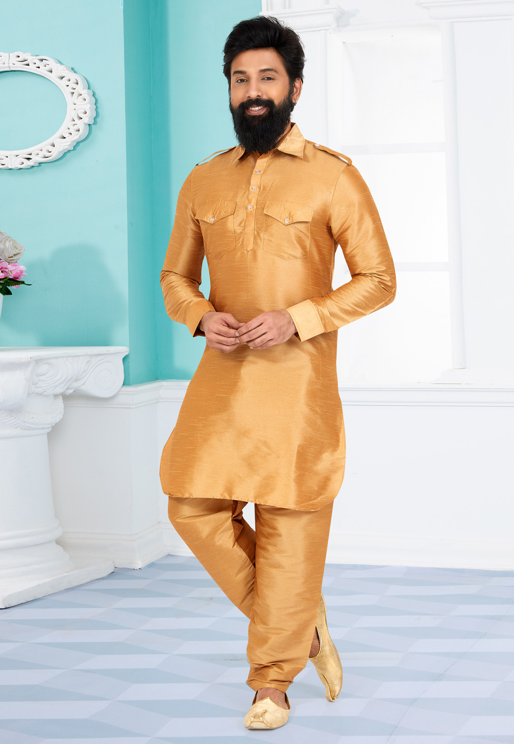 Golden Banarasi Silk Readymade Pathani Suit 259563