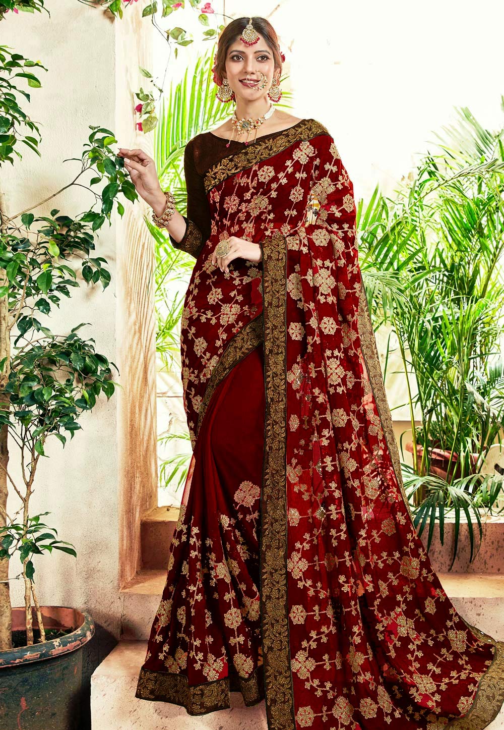 Red Georgette Embroidered Saree With Blouse 166426