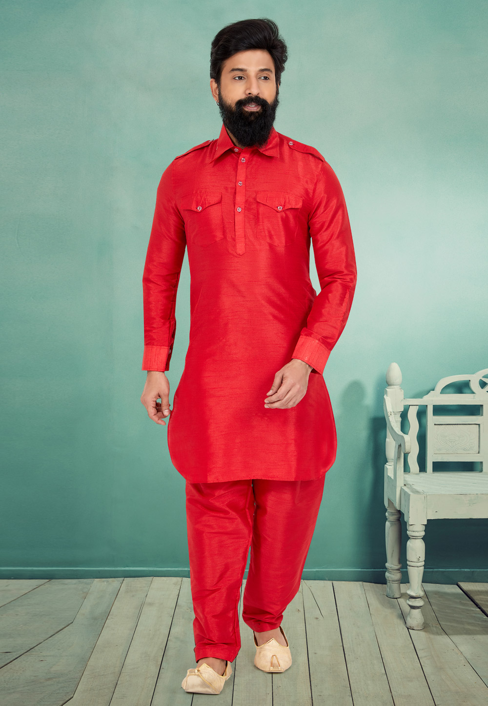 Red Banarasi Silk Readymade Pathani Suit 259564
