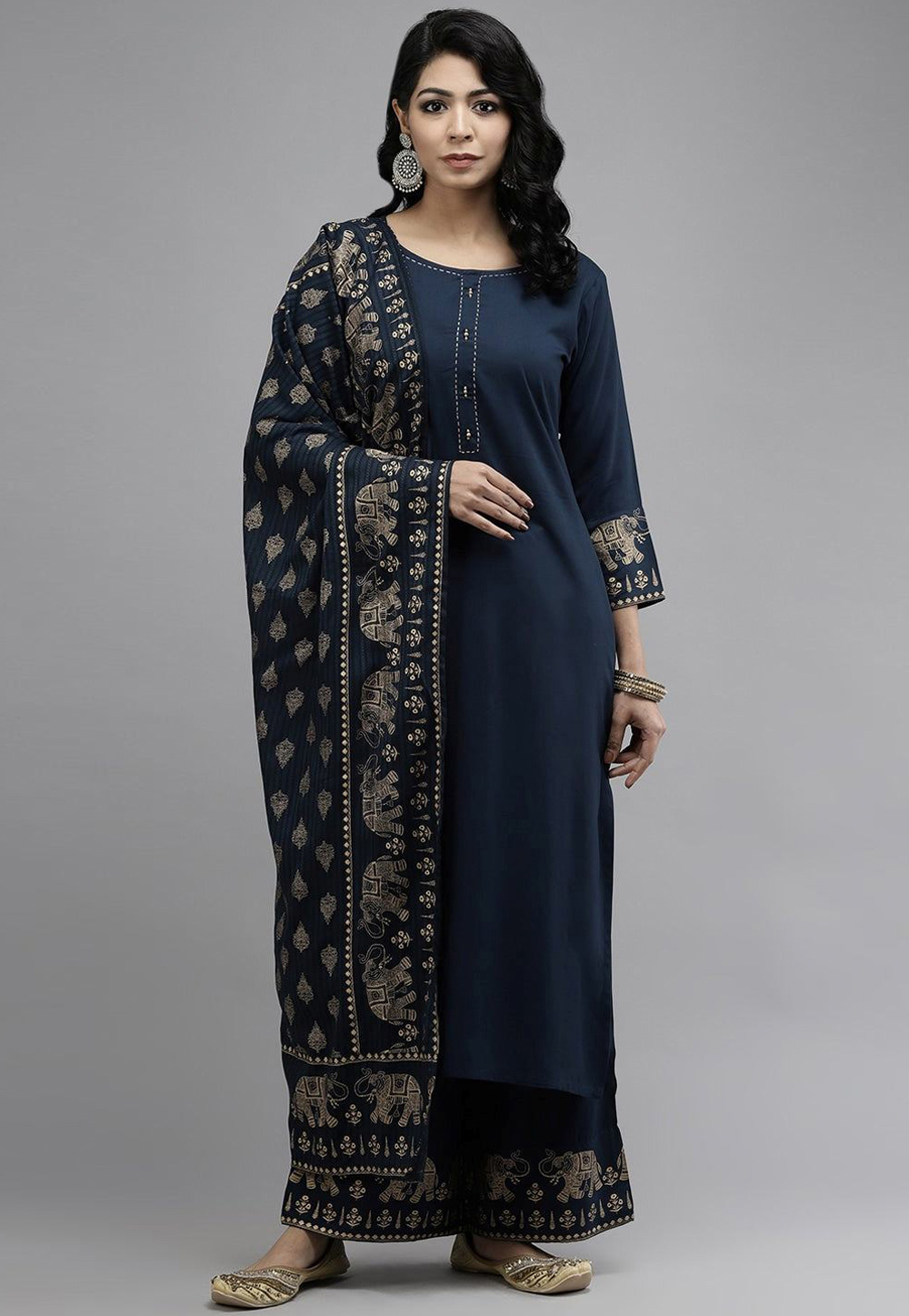 Navy Blue Cotton Readymade Kameez With Palazzo 238168