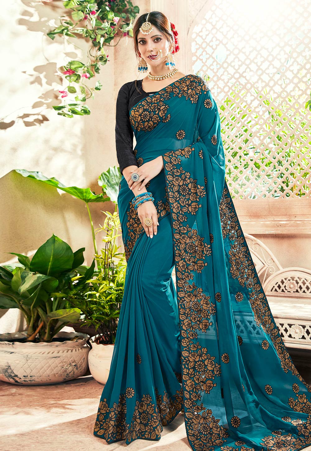 Blue Georgette Embroidered Festival Wear Saree 166427