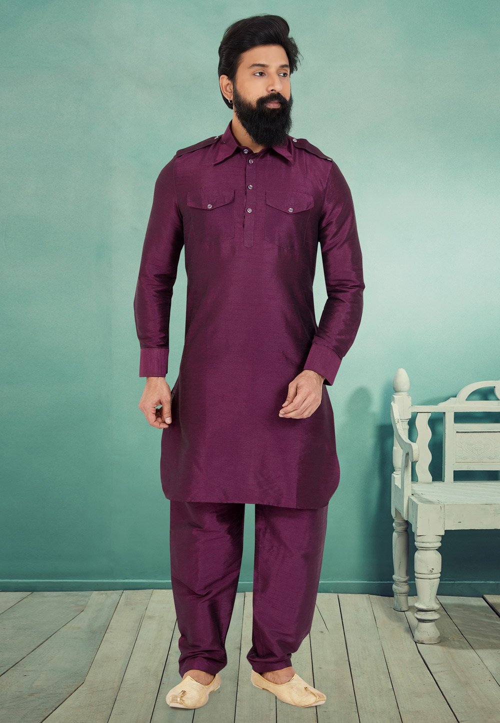 Purple Banarasi Silk Readymade Pathani Suit 259565