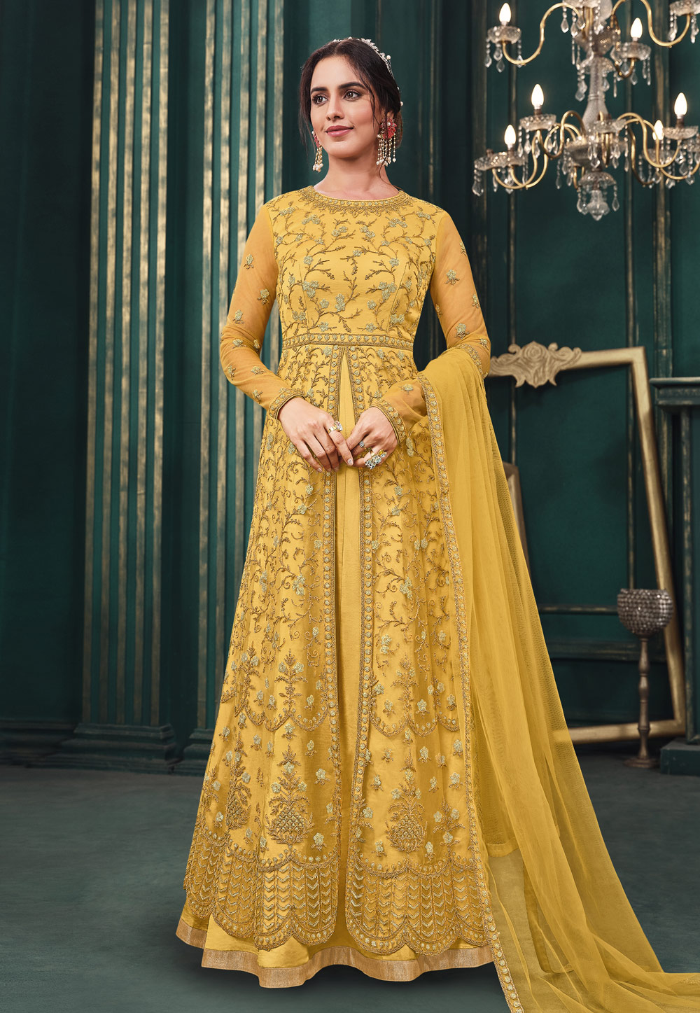 Yellow Net Abaya Style Anarkali Suit 235837