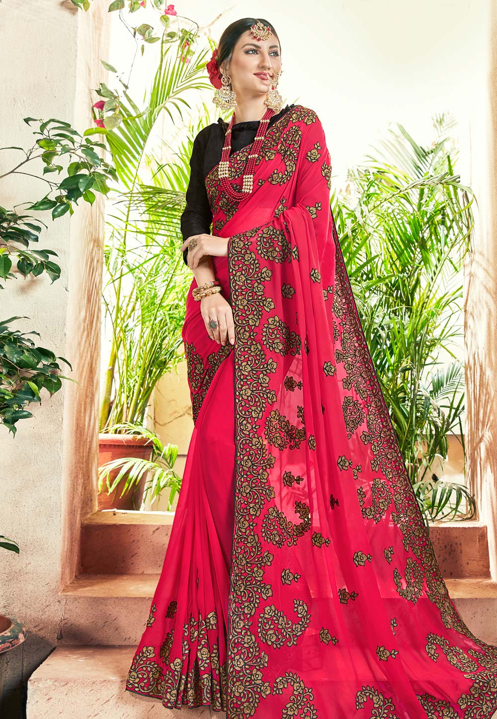 Magenta Georgette Embroidered Saree With Blouse 166428