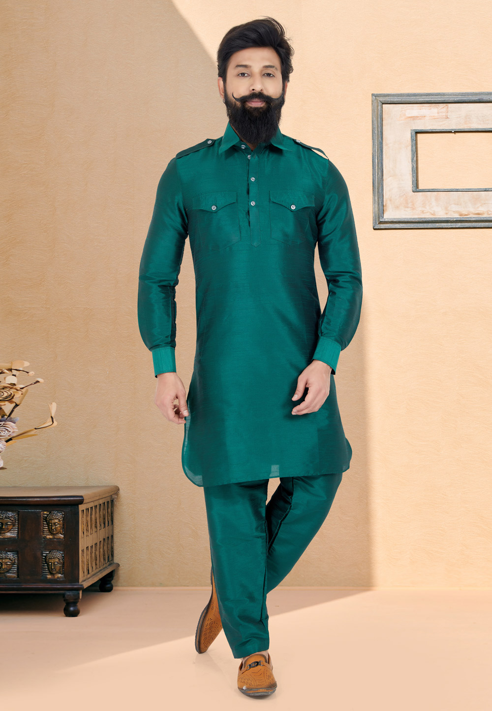 Green Banarasi Silk Readymade Pathani Suit 259566