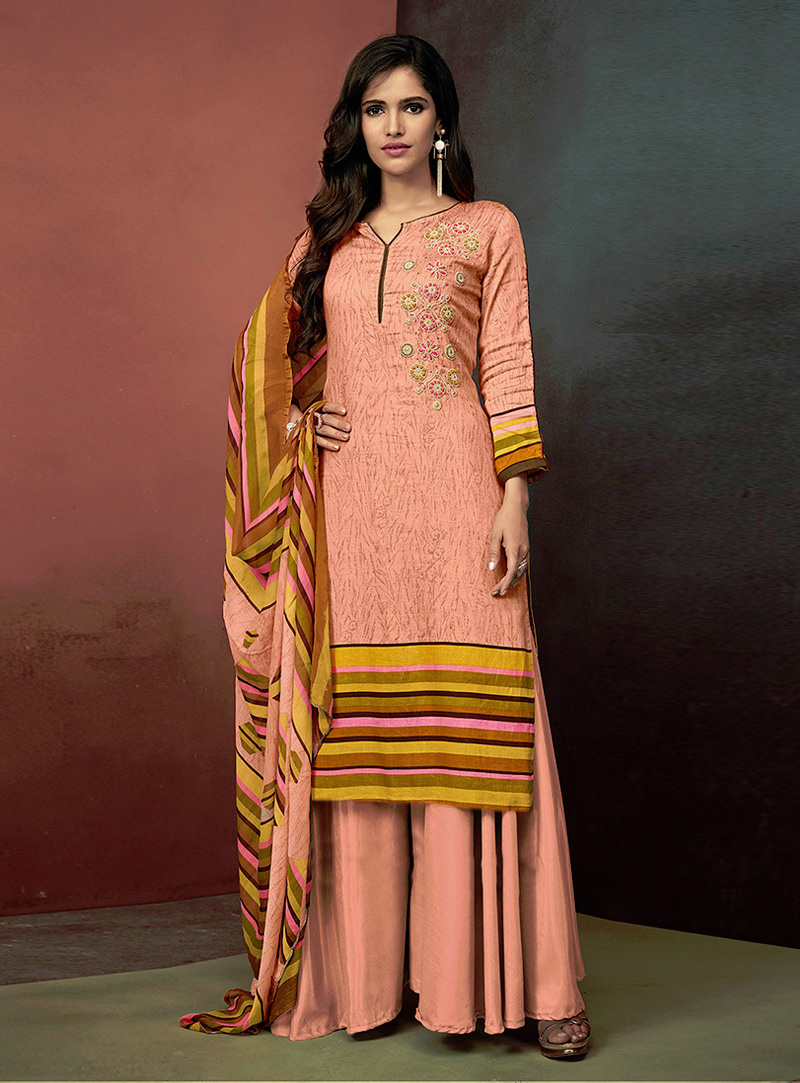 Peach Cotton Palazzo Style Suit 140098