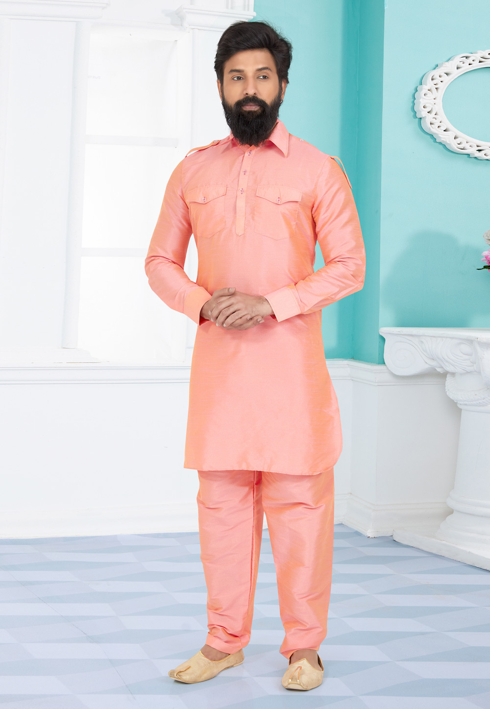 Peach Banarasi Silk Readymade Pathani Suit 259567