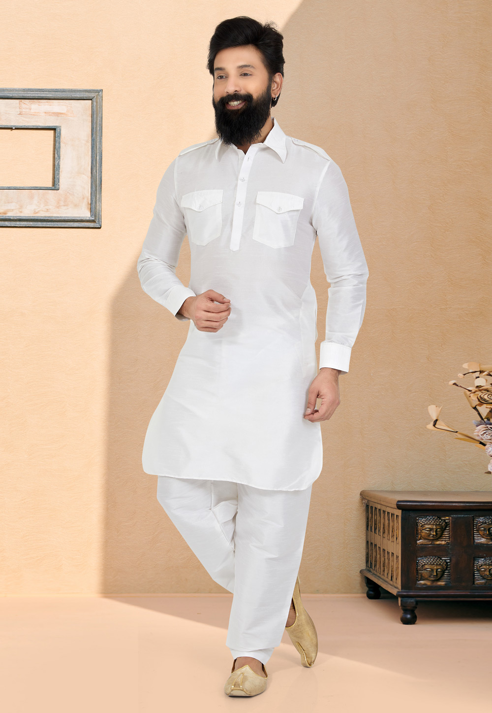 White Banarasi Silk Readymade Pathani Suit 259568