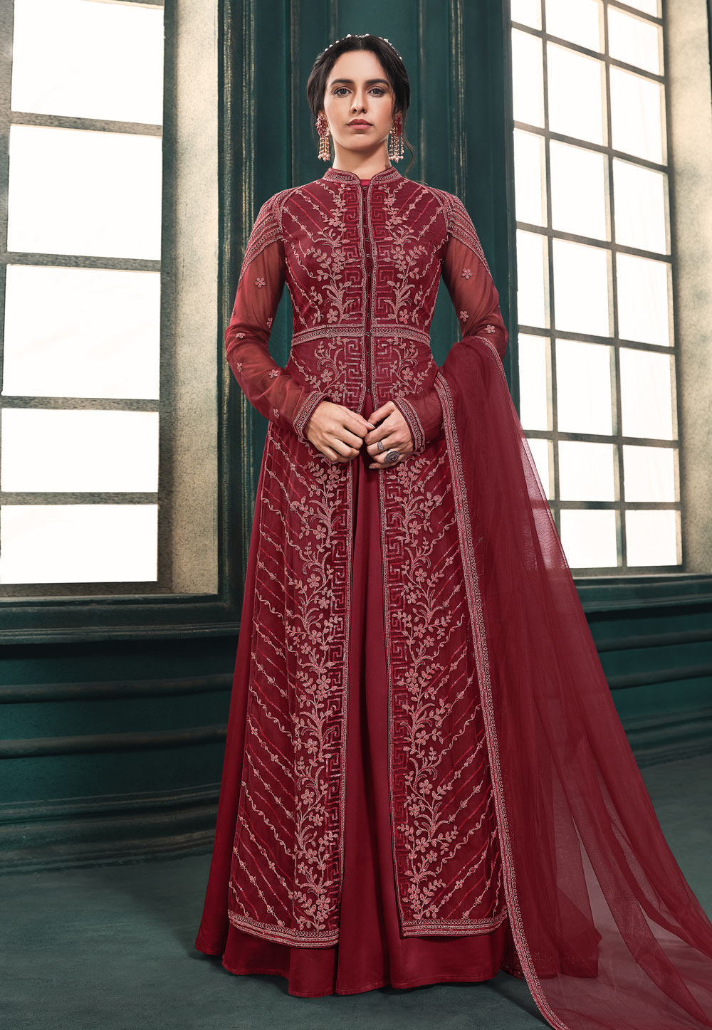 Maroon Net Abaya Style Anarkali Suit 235840