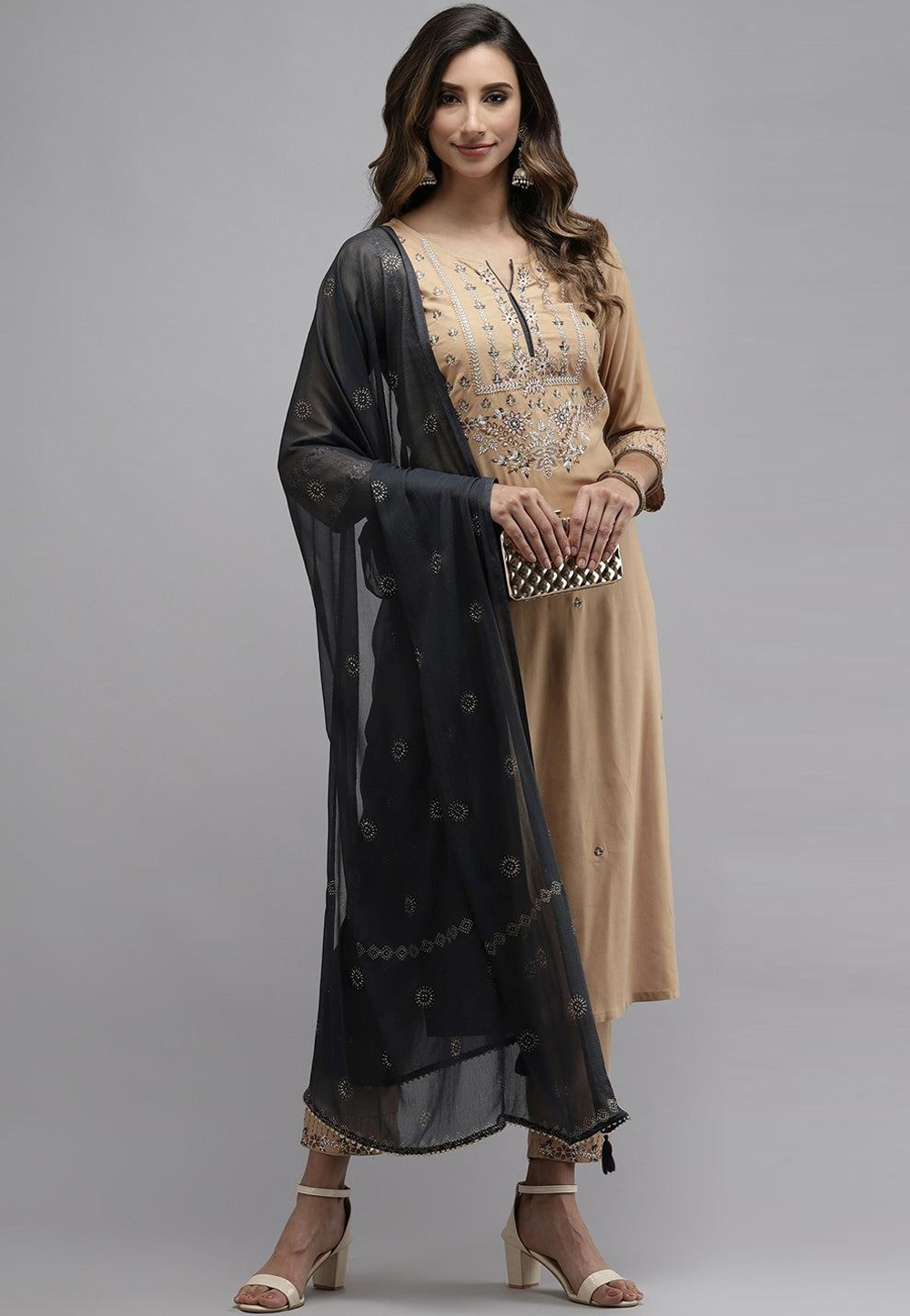 Beige Viscose Rayon Readymade Kameez With Pant 238172