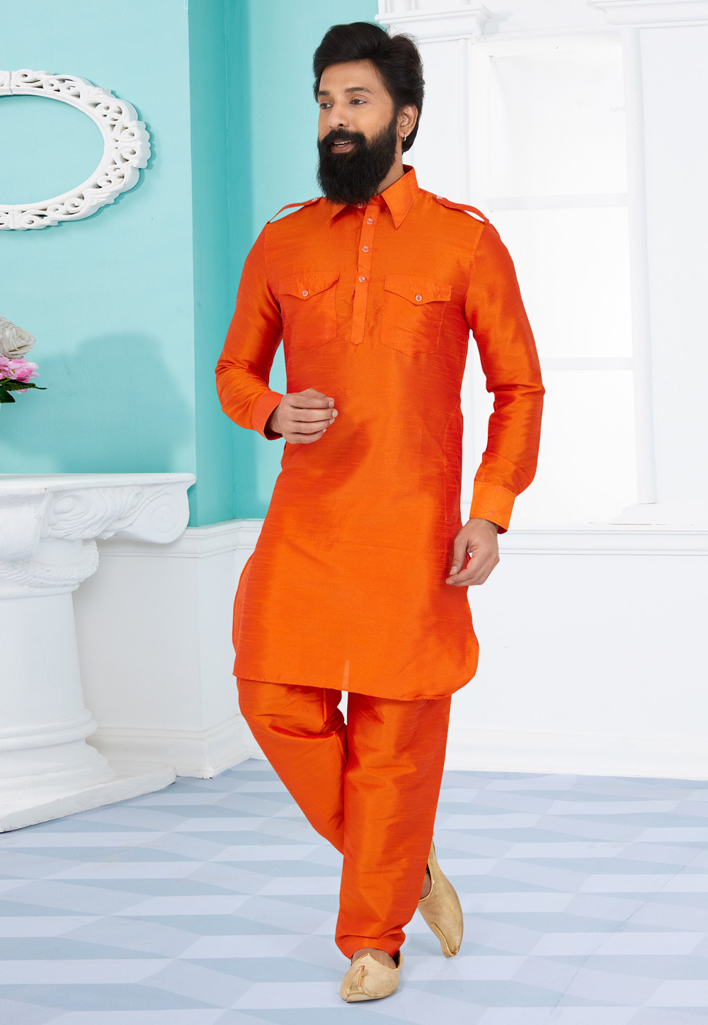 Orange Banarasi Silk Readymade Pathani Suit 259569