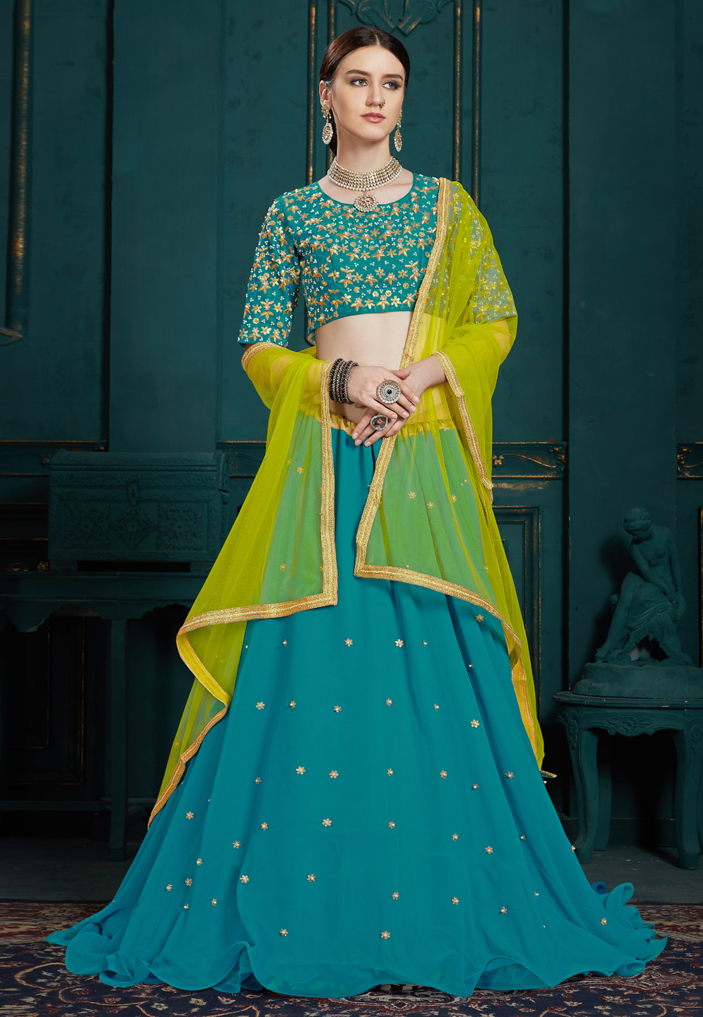 Turquoise Blue Net Bridal Lehenga Choli -