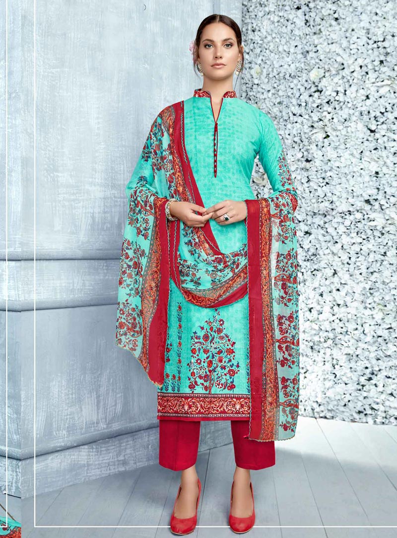 Turquoise Cambric Cotton Pakistani Style Suit 130242
