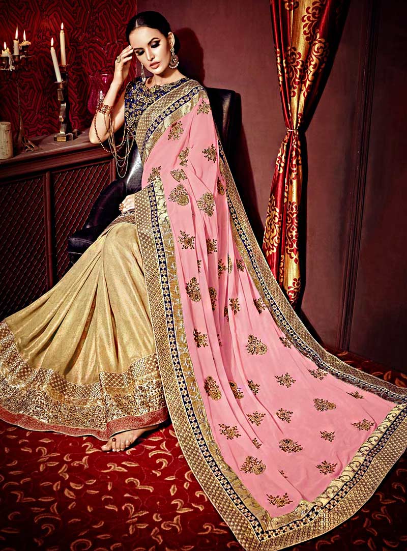 Pink Georgette Half and Half Saree With Blouse 71292