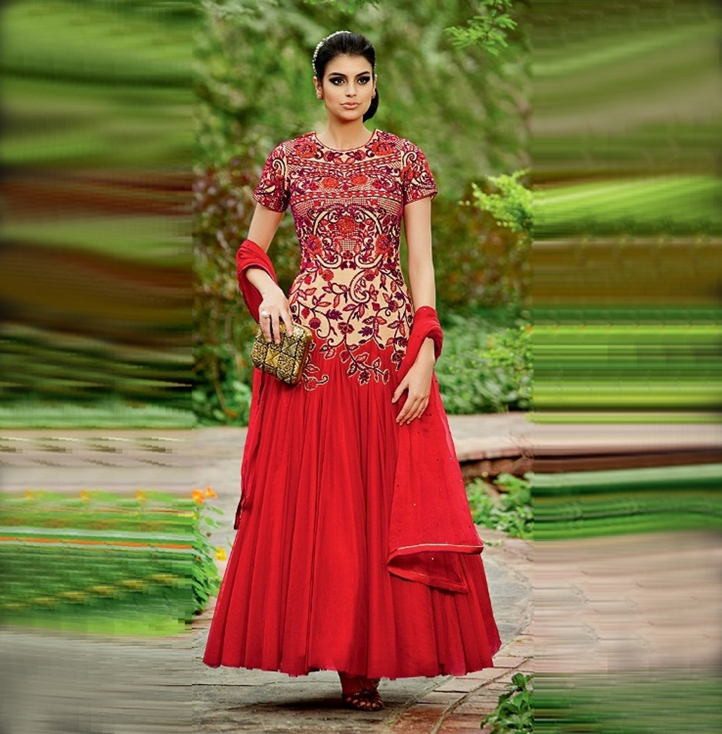 Red Net Designer Anarkali Suit 59448