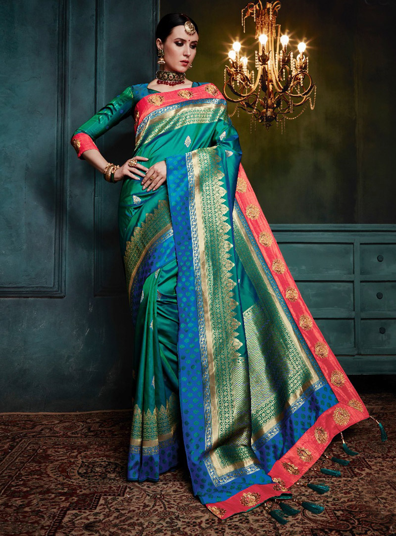 Teal Banarasi Silk Saree With Blouse 130952