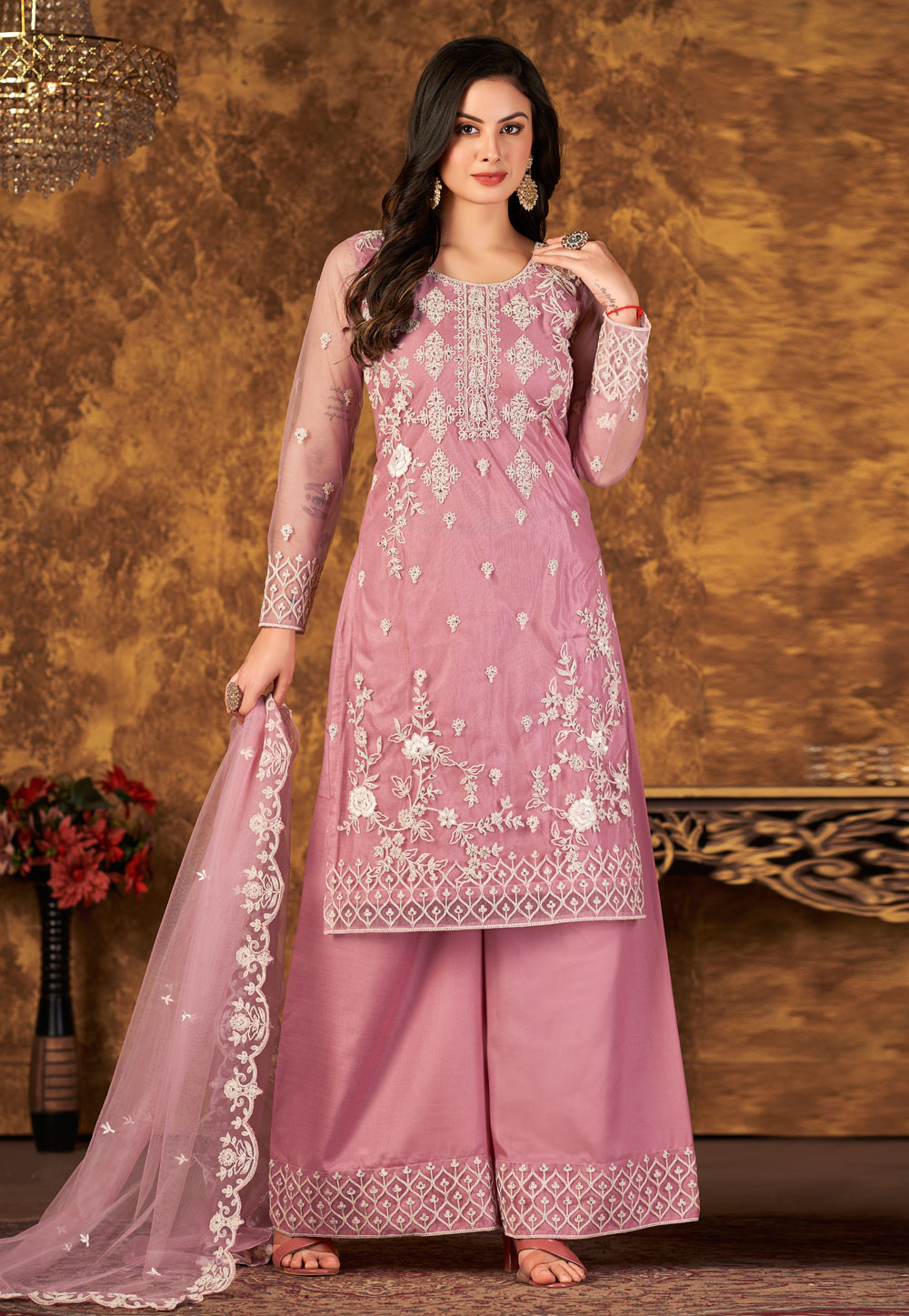 Pink Net Palazzo Suit 251920