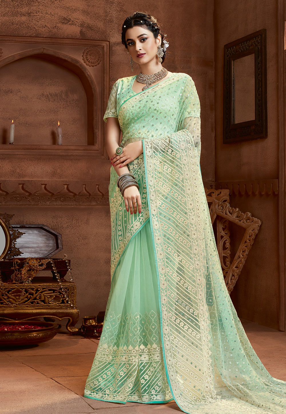 Light Green Net Saree With Blouse 208103