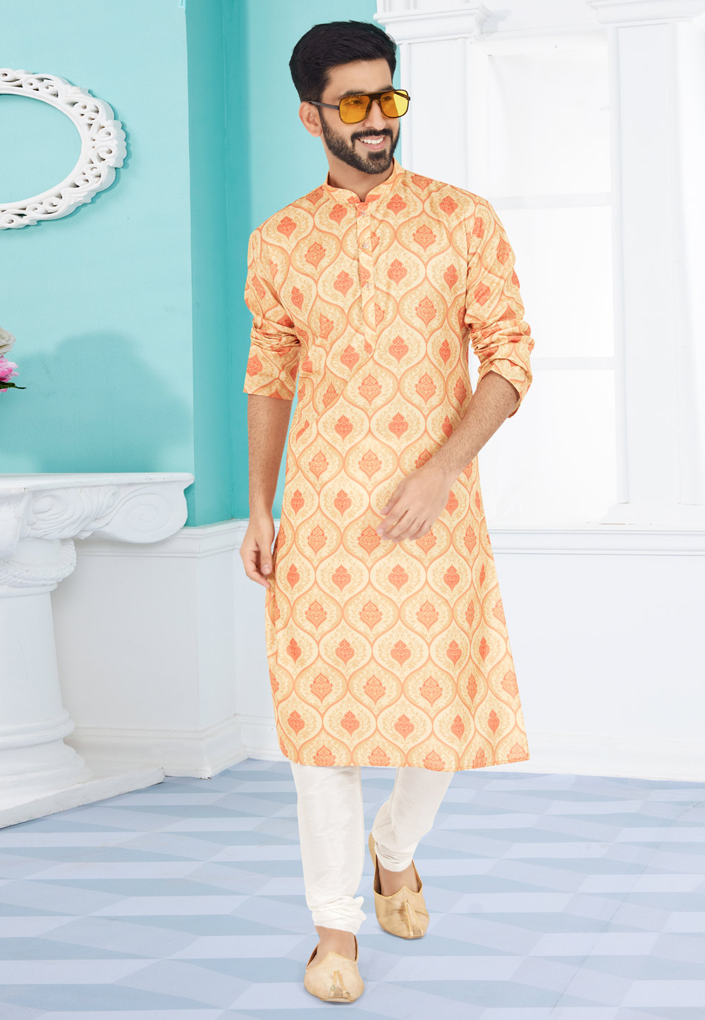 Orange Cotton Printed Kurta Pajama 259575