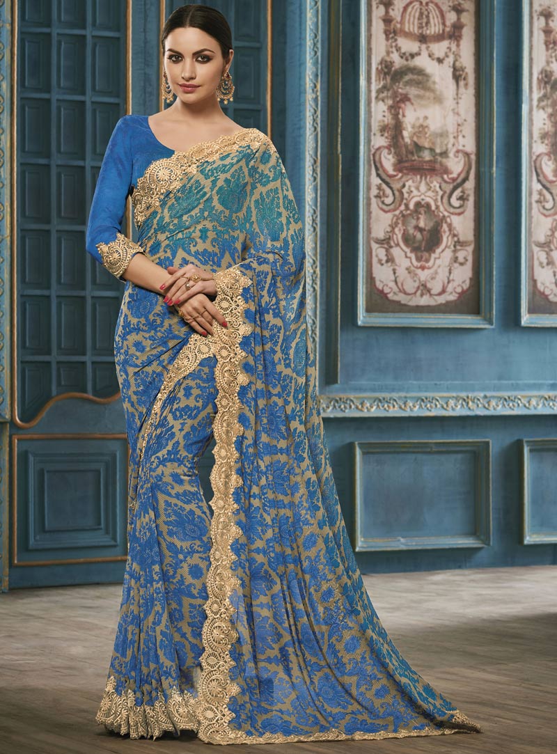Blue Georgette Printed Saree With Blouse 87036