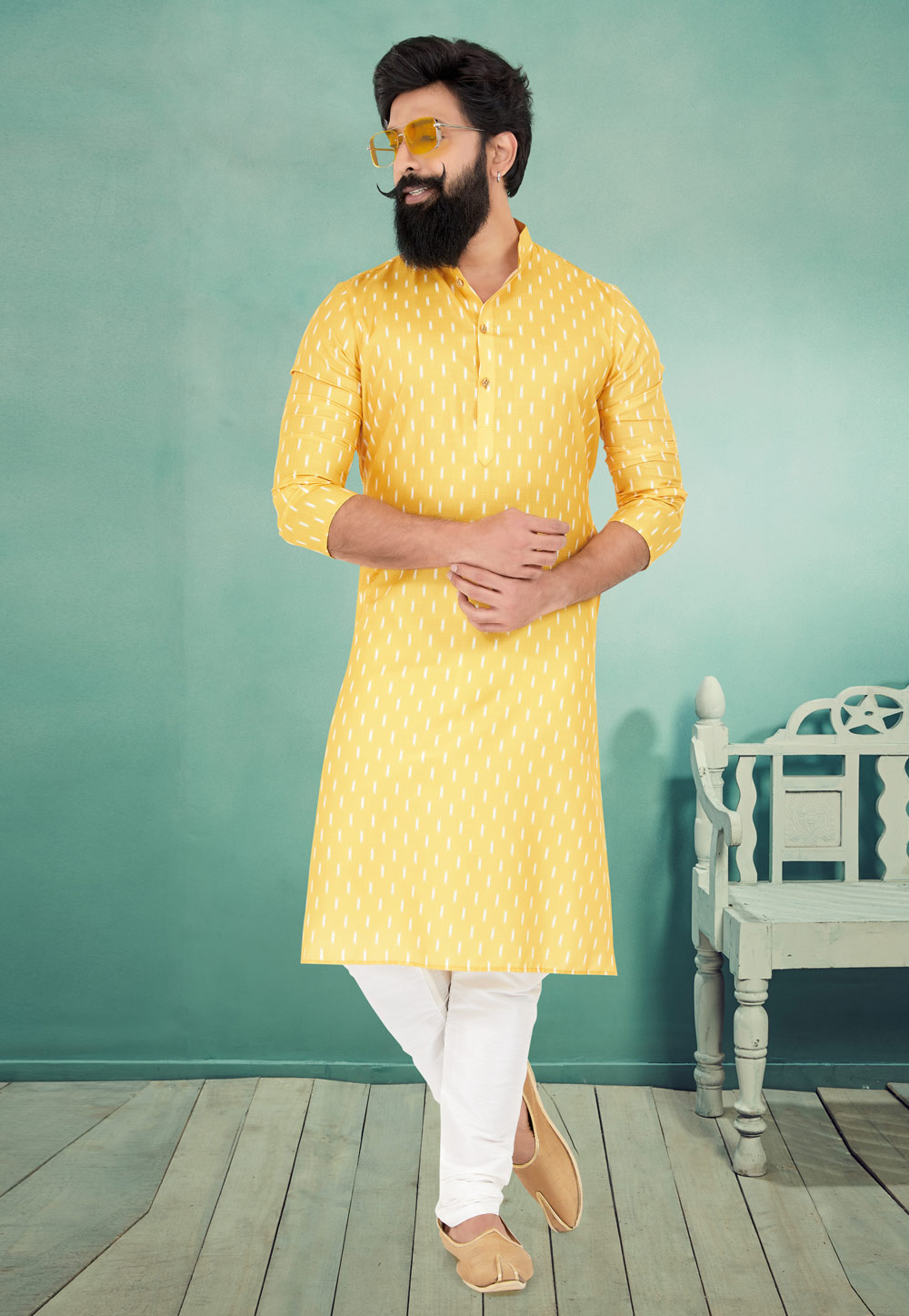 Yellow Cotton Printed Kurta Pajama 259576