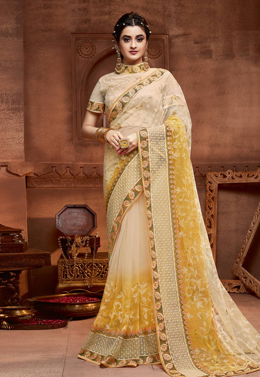 Beige Net Saree With Blouse 208105