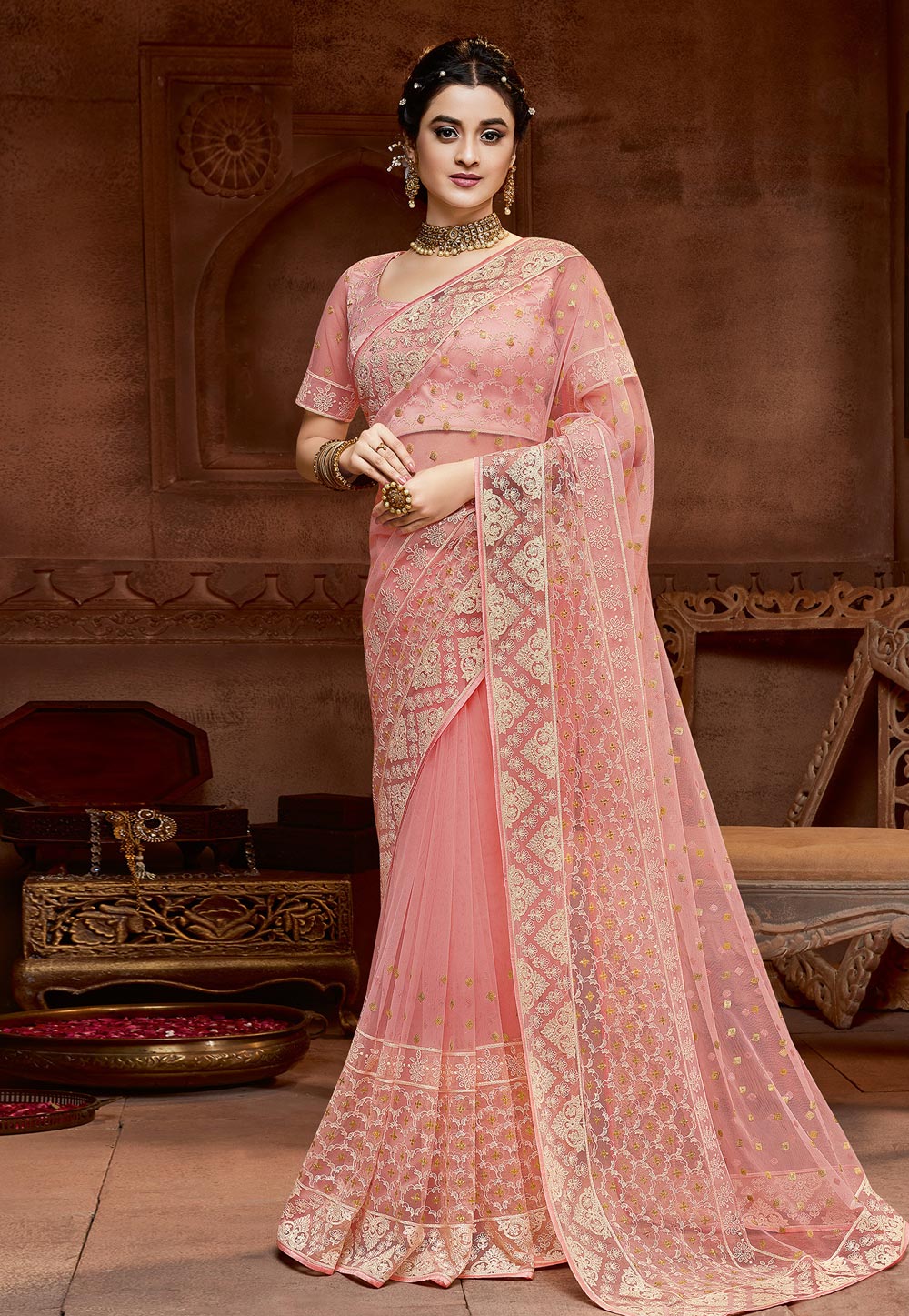 Pink Net Festival Wear Saree 208106