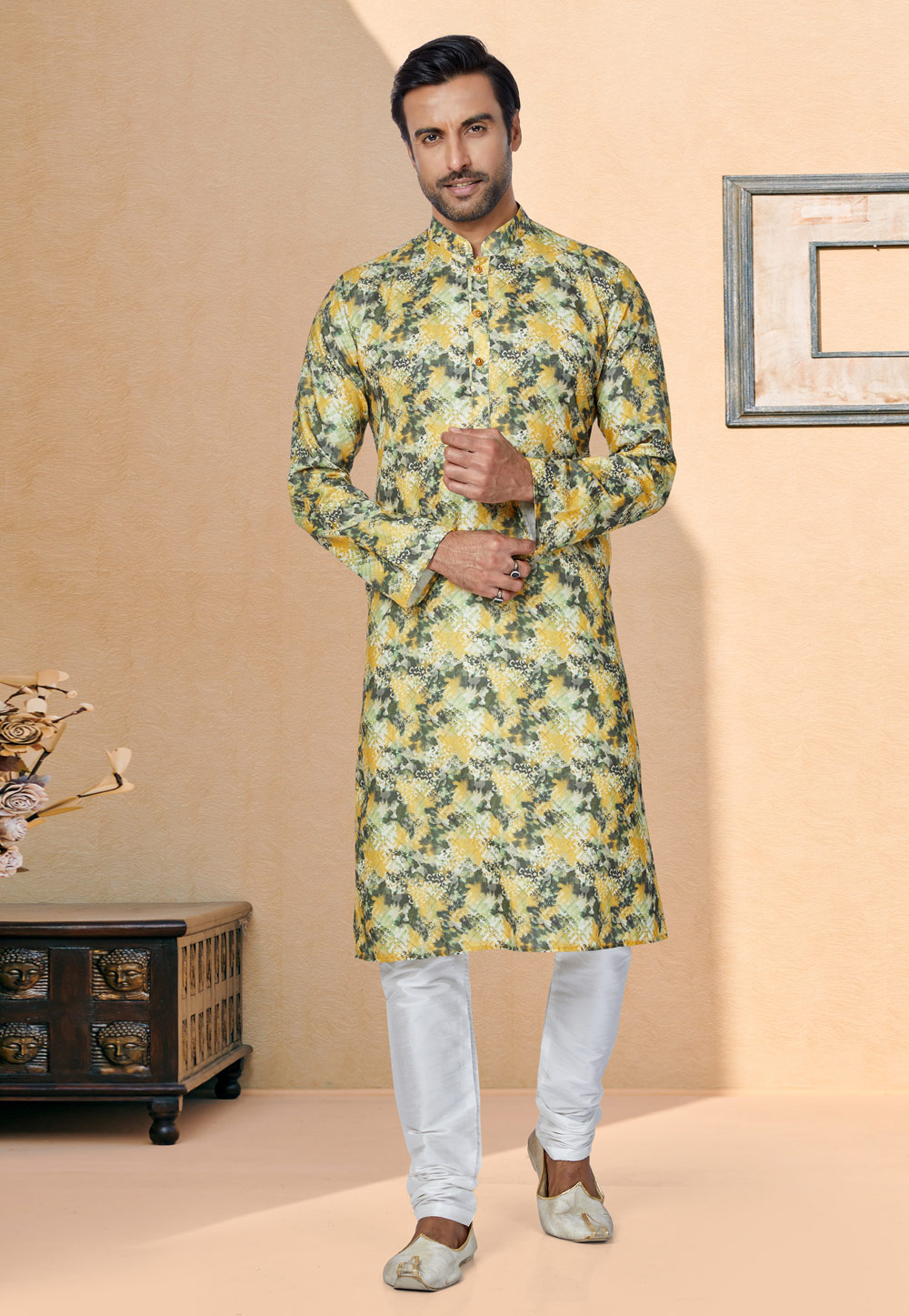 Yellow Cotton Printed Kurta Pajama 259578