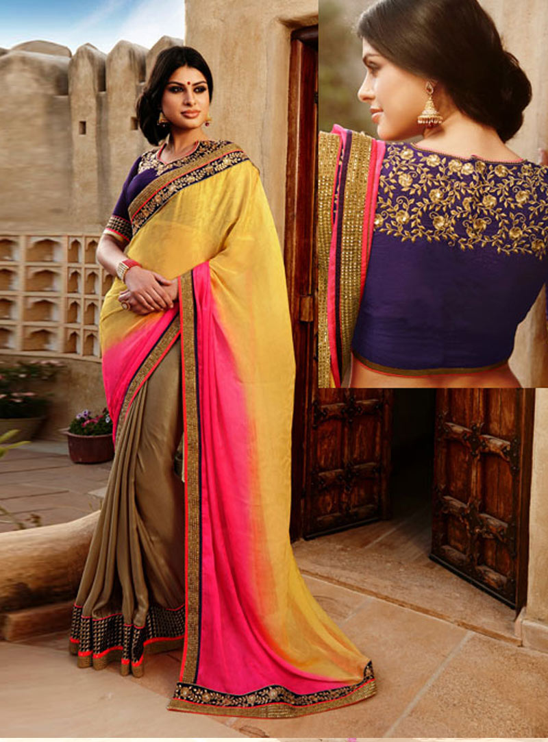 Yellow and Brown Faux Georgette Wedding Saree 33415