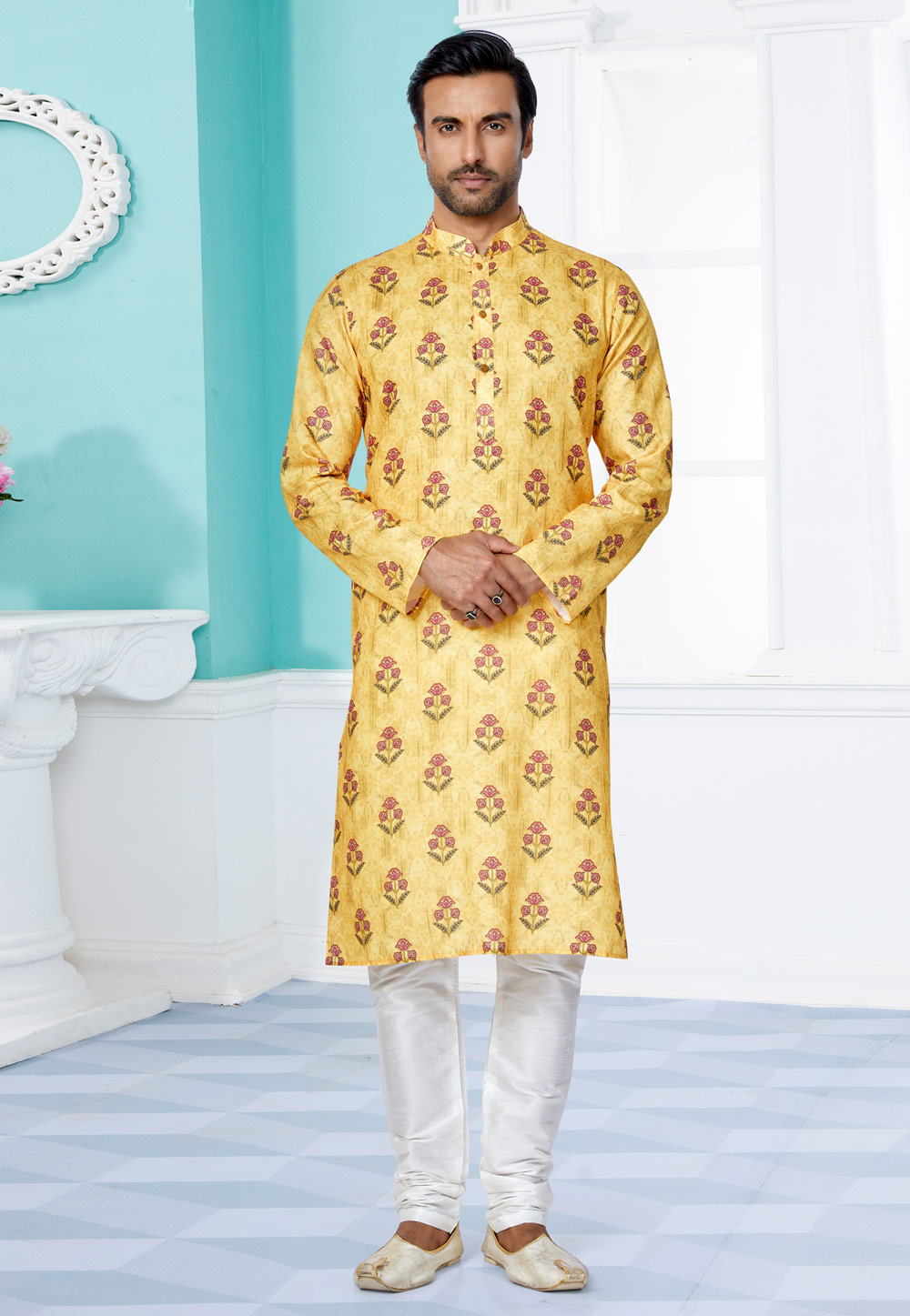 Yellow Cotton Printed Kurta Pajama 259581