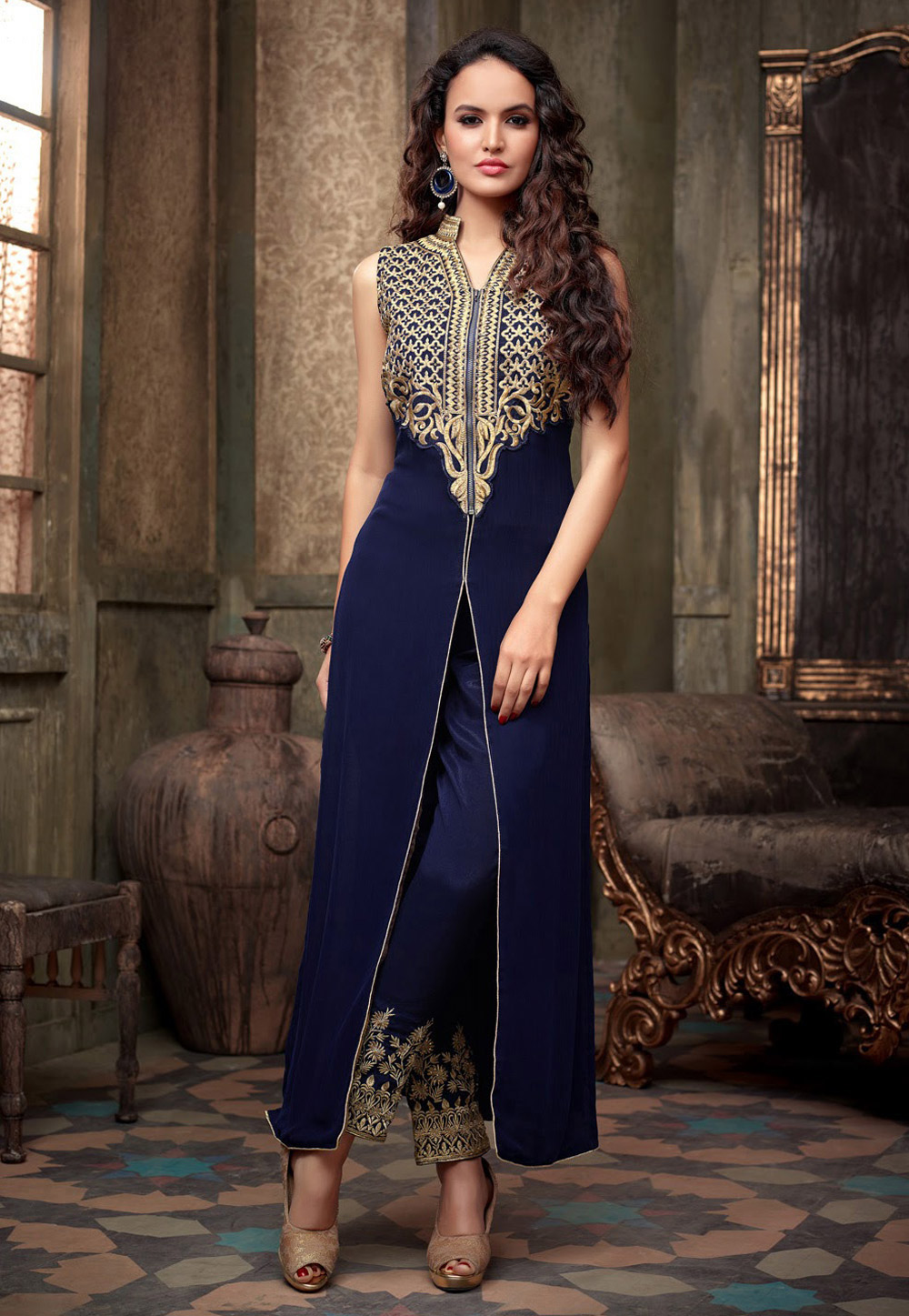 Navy Blue Georgette Pakistani Style Salwar Suit 54420