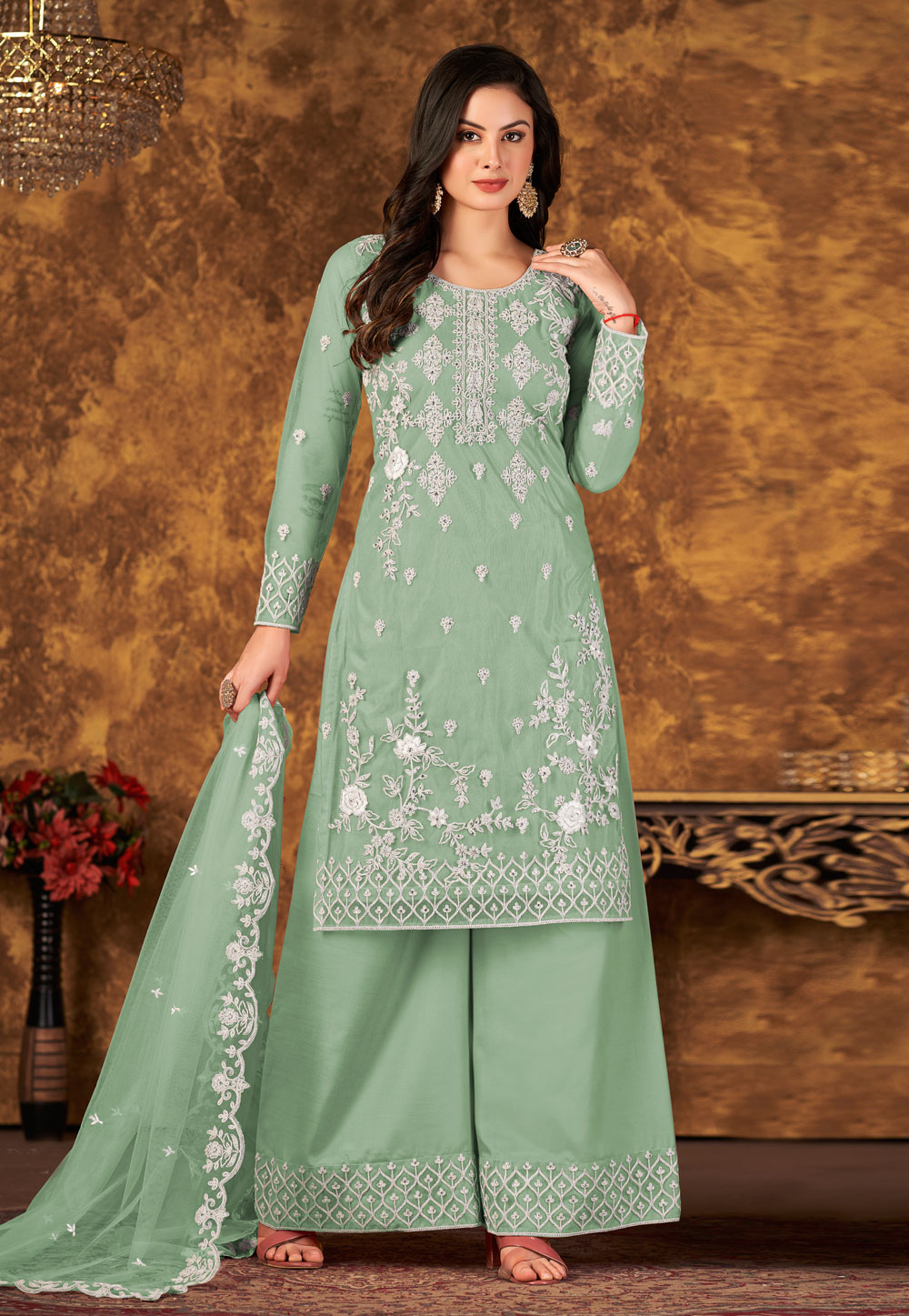 Pista Green Net Pakistani Suit 251921