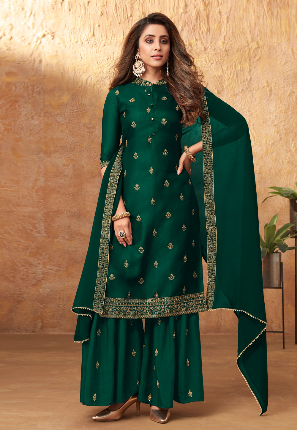 Green Silk Sharara Suit 232311