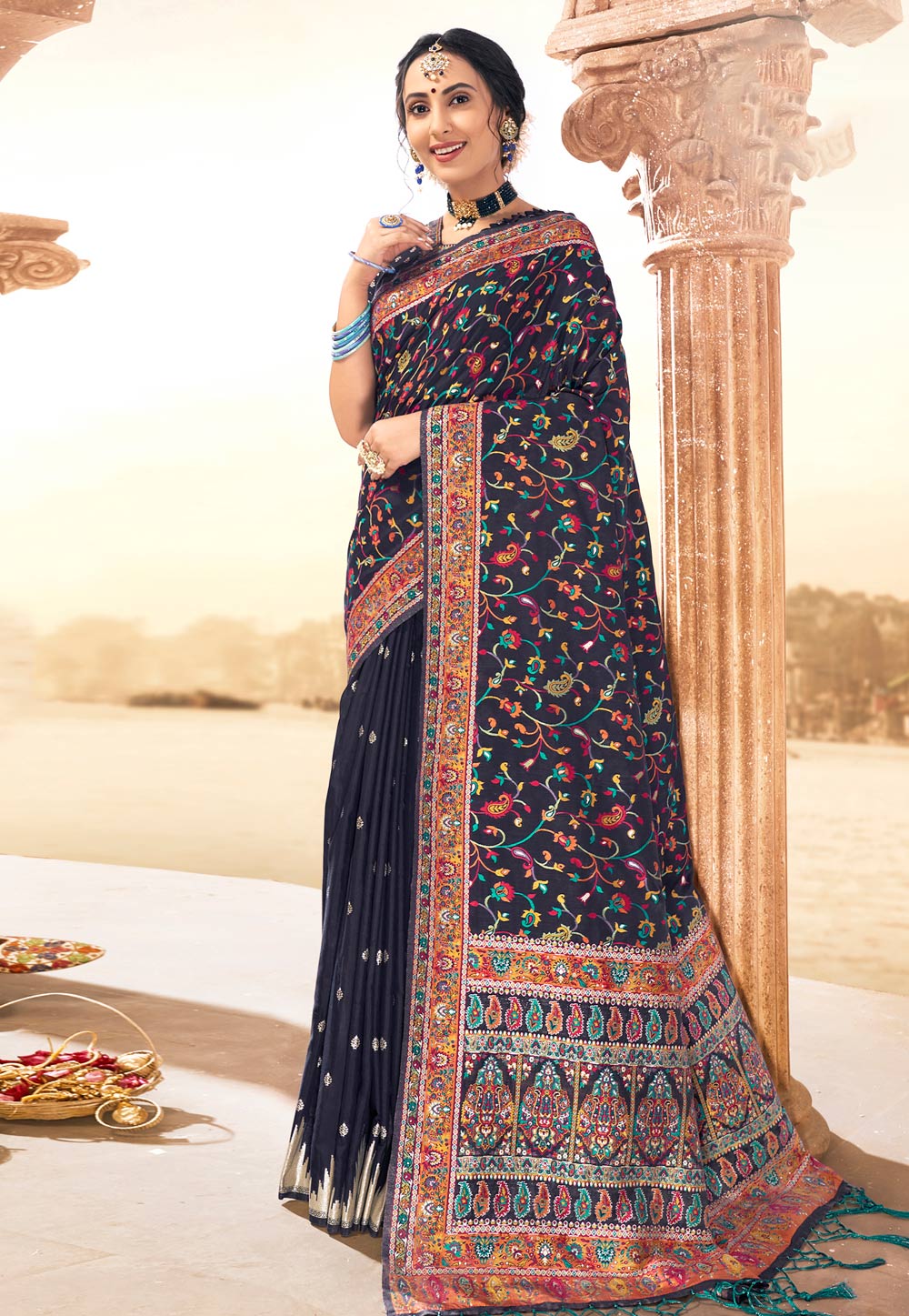 Navy Blue Banarasi Silk Festival Wear Saree 213670