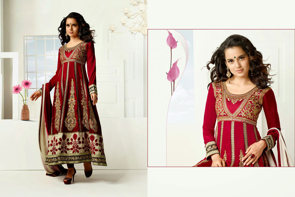 Kangana Ranaut Crimson A Line Butta Work Anarkali Style Suit 33430