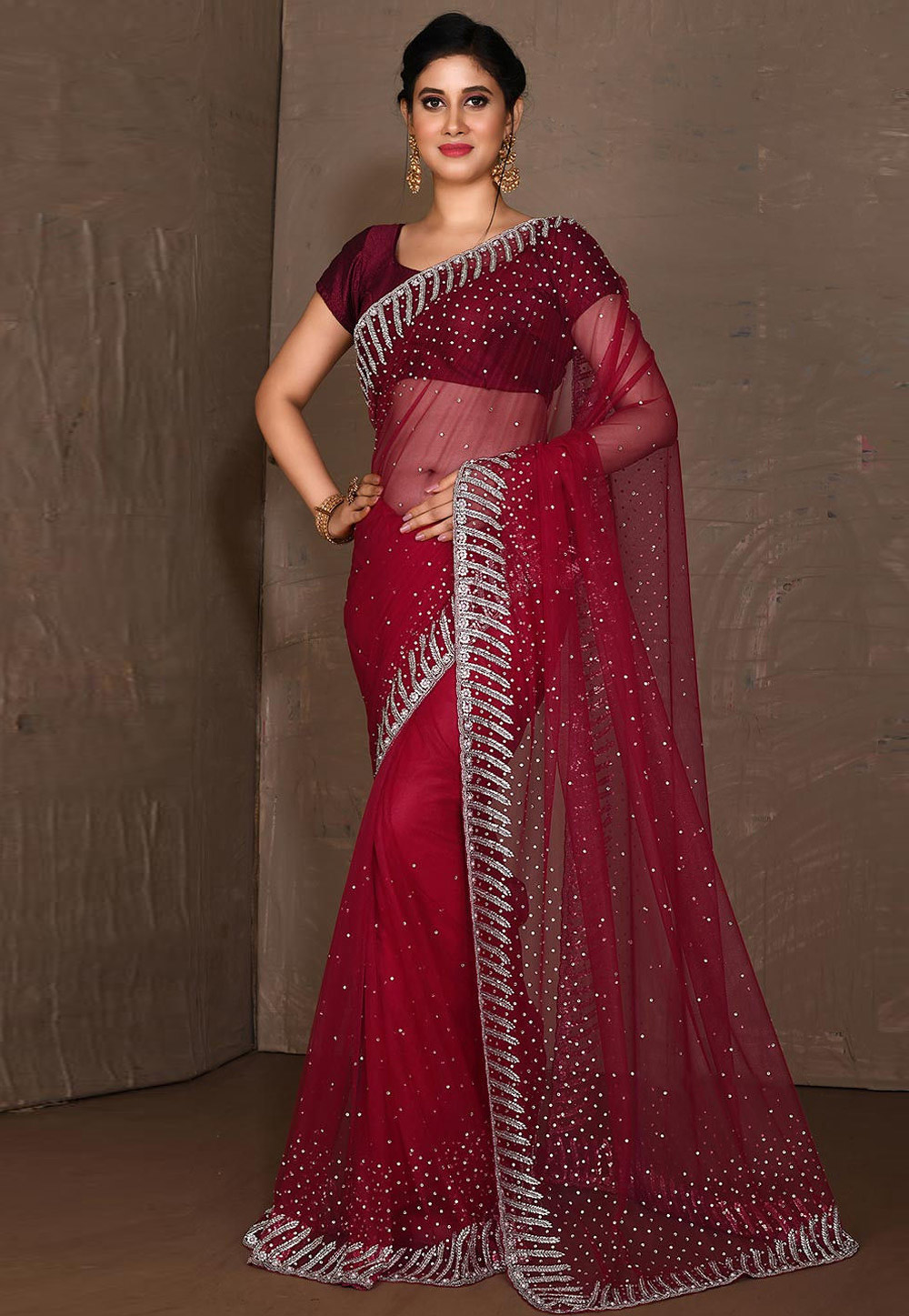 Red Net Saree With Blouse 242943