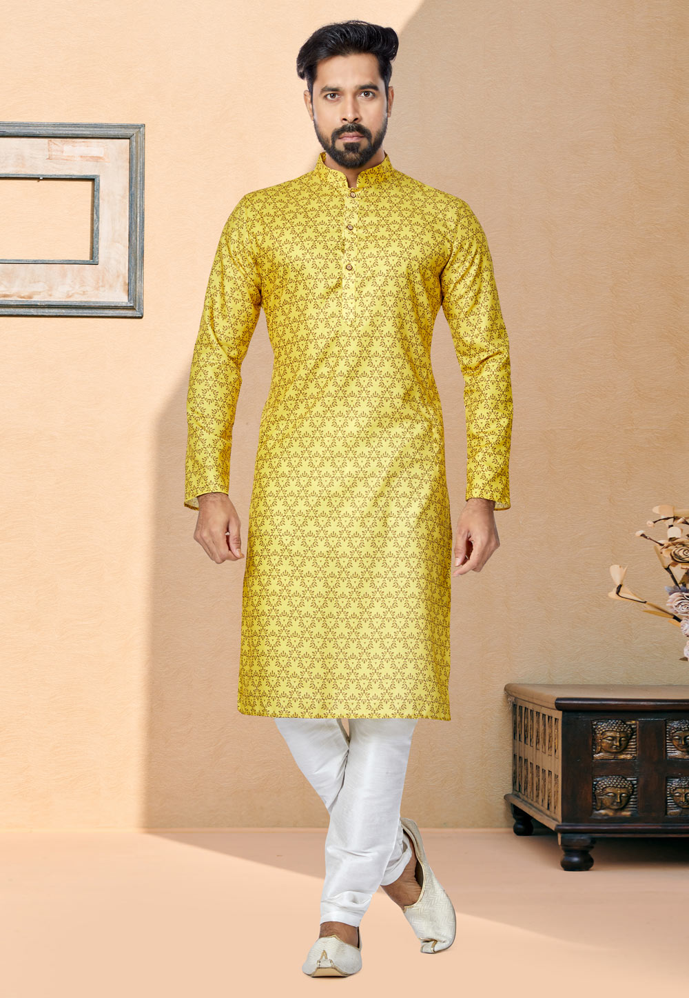 Yellow Cotton Printed Kurta Pajama 259588