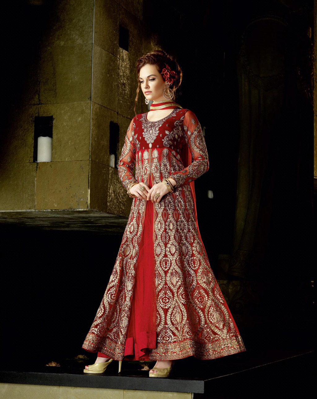 Red Net Designer Anarkali Suit 61901
